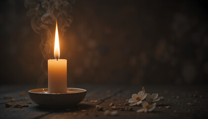 A lit candle on a wooden surface with white flowers and smoke around