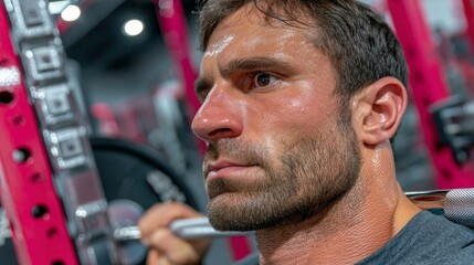 A man with sweat on his face is focused as he lifts a barbell in a gym, with red gym equipment in the background.