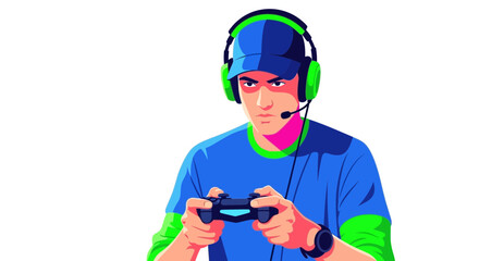 Intense gamer immersed in virtual world, focused expression, holding controller, wearing headset, vibrant and modern vector illustration for esports or gaming content