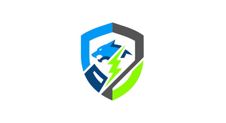 Dynamic wolf head logo with shield and lightning bolt, evoking strength and energy, suitable for gaming, esports, or security branding, modern design