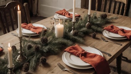 Rustic Christmas Table Setting with Candles and Pine Garland.