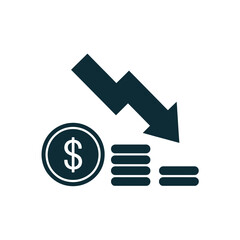 Money loss icon with downward arrow and coin stack, isolated