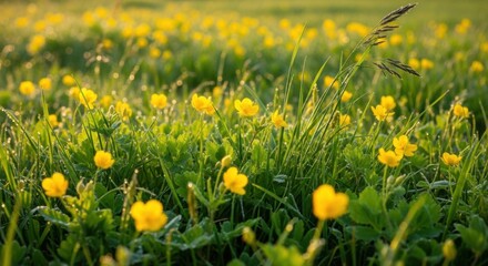 Golden buttercups bloom amidst verdant grass, creating a cheerful natural scenery bathed in
