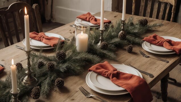 Rustic Christmas Table Setting with Candles and Pine Garland.