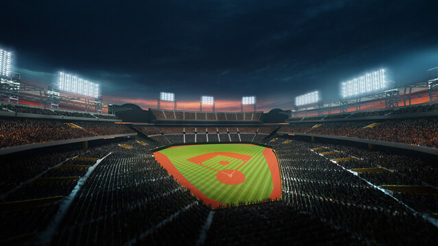 Night illuminated 3D rendered baseball arena with full stands and intense match ambience. Concept of high-energy fan emotion, commercial sports ads, and powerful stadium background.