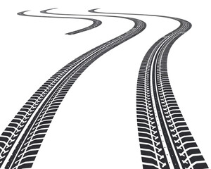 Winding tire tracks on a white background showing direction and journey