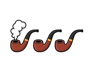 Three smoking pipes in a row, one with smoke rising