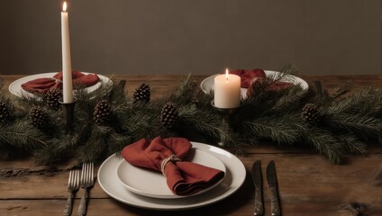 Elegant Christmas Table Setting with Candles and Pine Garland.