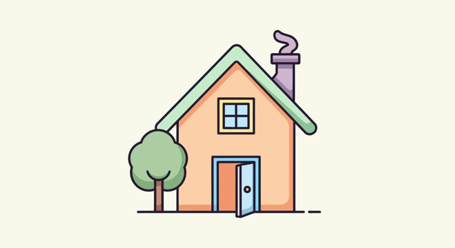 Charming cartoon house illustration perfect for real estate marketing, home improvement ads, or children's books - convey warmth, safety, and family vibes