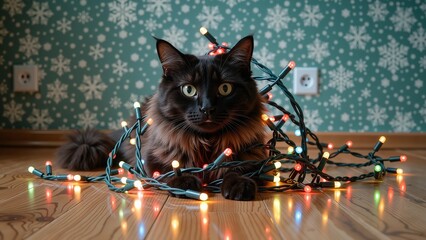 Dark-furred cat tangled in colorful Christmas lights on a wooden floor, festive holiday mood