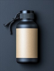 A matte black water bottle with a beige label and a black cord loop is displayed against a dark, textured background.