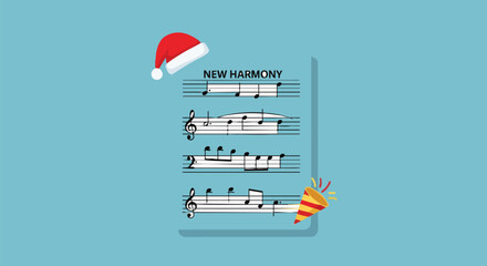 Sheet music with a Santa hat and party favor, representing a holiday theme.