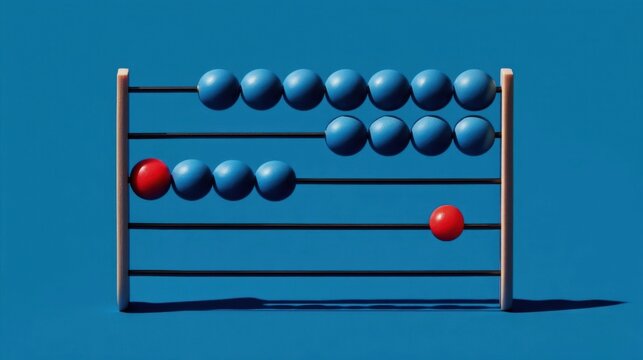 A traditional abacus with blue and red beads arranged on vertical rods against a solid blue background,