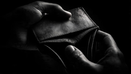 Hands opening an empty leather wallet in a dark, dramatic black and white shot, symbolizing financial hardship or lack of funds.