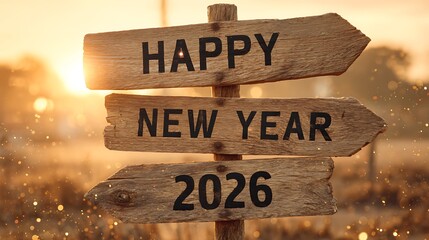 Rustic Wooden Signpost Displaying 'Happy New Year 2026' in Golden Light, Celebration and New Beginnings Concept