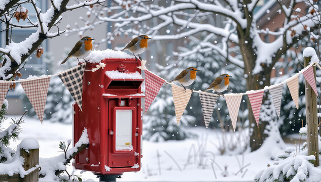 Snowy winter landscape featuring robins perched on a traditional red postbox with bunting
