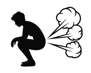 Silhouette of person passing gas, cartoon clouds of smoke depicted