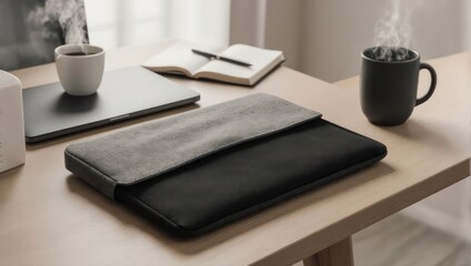 Laptop sleeve and coffee cups on a wooden desk.