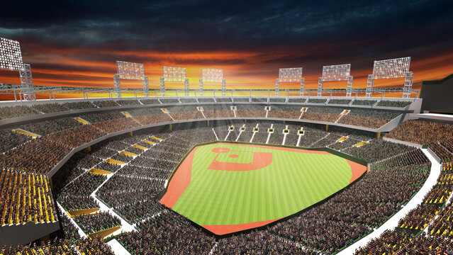 Bright sunset 3D rendered baseball stadium with colorful sky and wide field view. Concept of warm game-day mood, vibrant sports culture, editorial marketing use, and scenic stadium backdrop. - Powered by Adobe