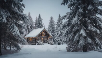Cozy Wooden Cabin Nestled in a Serene Winter Wonderland with Snow-Covered Pine Trees.