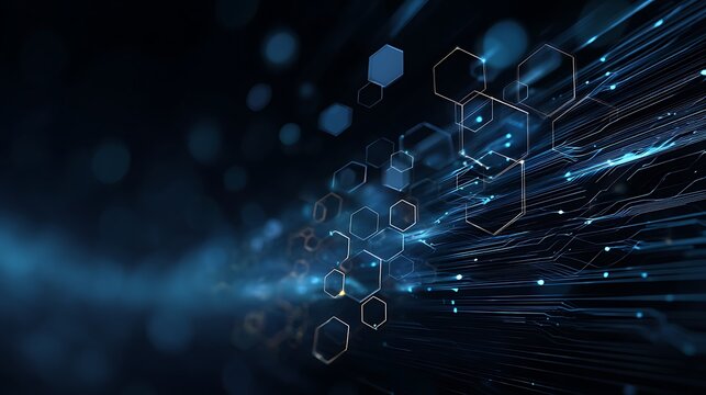 An abstract blue fiber optic background highlights digital network data communication with shimmering light spots and interconnected tech cables