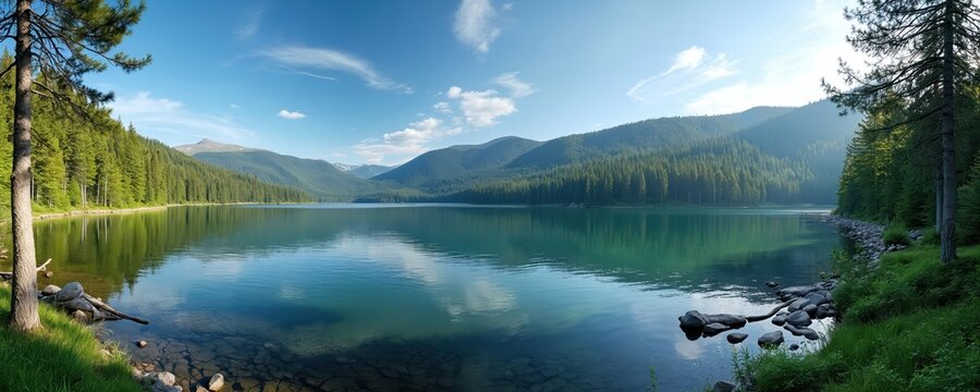 Summer panoramic landscape with calm mountain lake, green pine forest. Trees reflect in clear turquoise water under blue sky with clouds. Serene wild nature scenery with tranquil pond shore, wooded