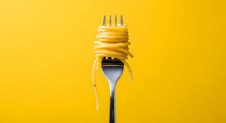 Twirled spaghetti on a fork against a yellow background