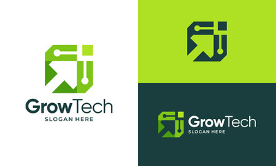 Obraz premium Modern growth tech logo design template illustration. Arrow vector design with digital technology box symbol graphic icon