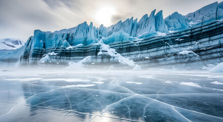 Dramatic glacial ice formations with a frozen surface reflecting the sky and sunlight.
