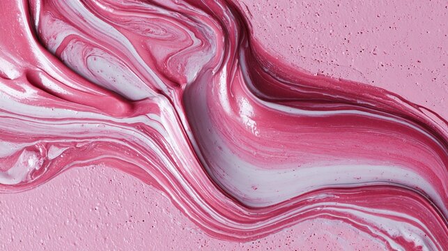 Fluid pink and white marble texture with elegant swirling patterns creating a mesmerizing abstract liquid art design with soft metallic sheen