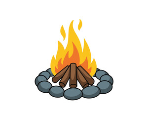 Campfire icon with burning logs and stones ring isolated on white