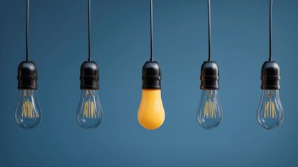Five hanging light bulbs suspended from black cords against a blue backdrop,