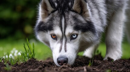 Intense Siberian Husky with striking blue and brown eyes explores garden soil, showcasing breed's curious and adventurous nature in close-up portrait