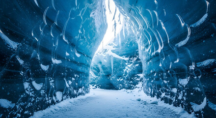 Ice cave with blue walls and snow covered floor in Iceland.