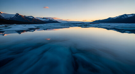 Serene glacial lagoon reflecting the soft hues of the twilight sky with snow-capped mountains in the distance.
