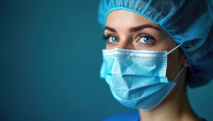 Female doctor nurse wears blue face mask, surgical cap. Blue eyes look forward with serious expression. Represents medical safety, health care protection at work. Dedicated professional provides