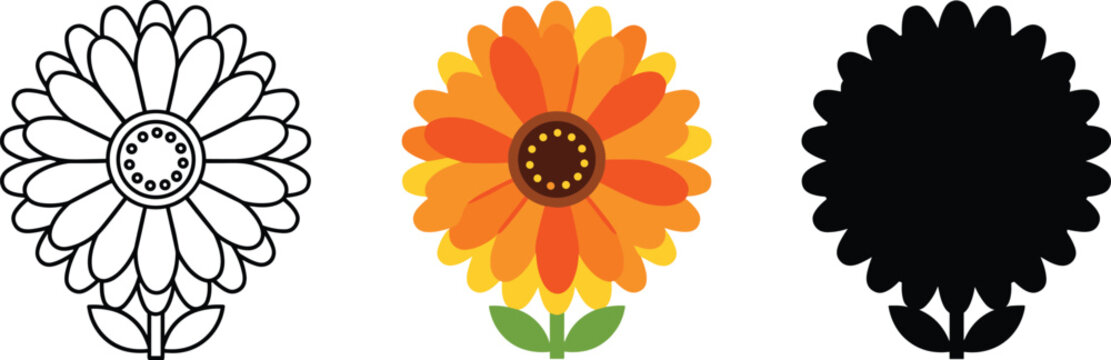 Simple Gerbera Daisy Flower Icon Set - Outline, Color, and Silhouette Vector