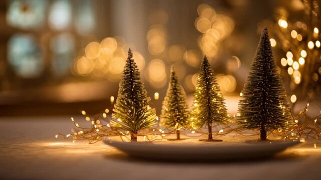 Festive Miniature Christmas Trees with Warm Golden Lights and Bokeh Ambiance