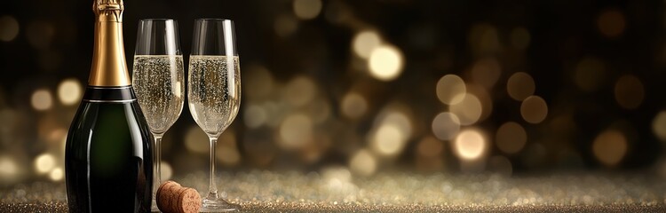 new year's eve party with a champagne bottle and glasses on a sparkling background, banner design. 
