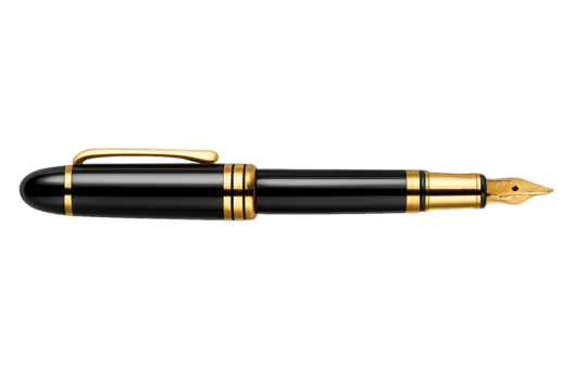 Elegant black and gold fountain pen isolated on transparent background, ideal for writing and signing documents