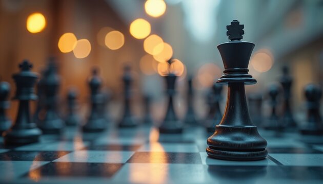 Chess king piece on a board. Strategic business concept. Leadership power strategy concept. Competition challenges success. Financial planning management vision.