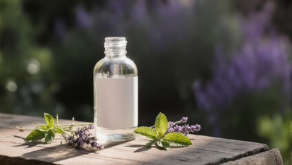 Clear Glass Bottle with Natural Herbs on Wooden Table Outdoors.