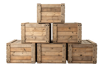 Stacked wooden crates for storage and transportation on white background