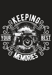 Vintage camera emblem with grunge texture and typography quote