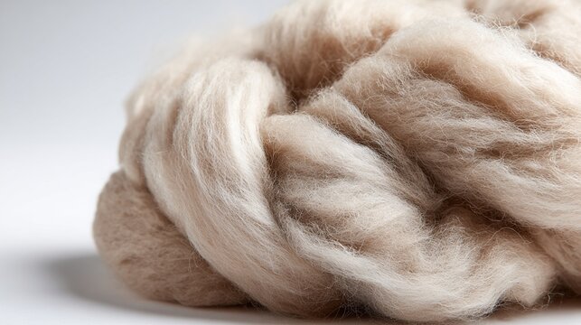 Soft, luxurious raw wool roving in creamy beige tones, gently twisted and layered, showcasing the natural texture and delicate fibers of unspun wool