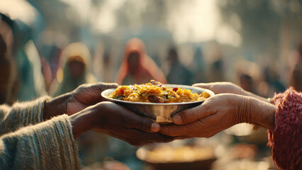 Two pairs of hands exchange a bowl of savory food, representing charity, community, and vital nourishment in a crowded setting.