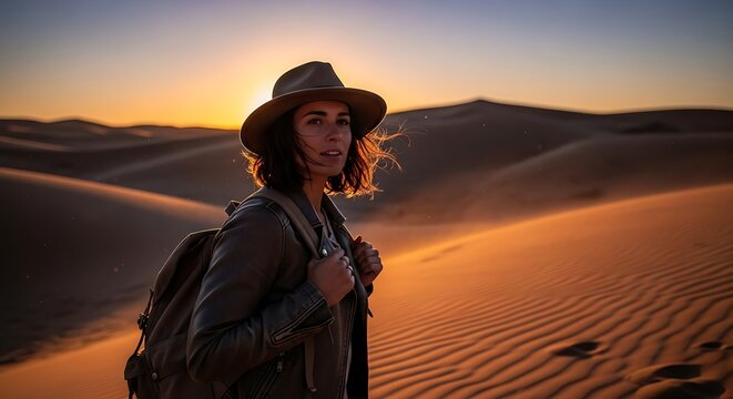 Woman traveler with backpack in desert sand dunes at sunset adventure travel lifestyle photography - Powered by Adobe
