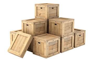 Stacked wooden crates for storage and shipping on white background