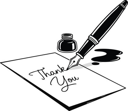 Black and white illustration of a fountain pen writing "Thank You" on a white paper.