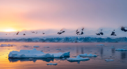A serene Antarctic landscape at dawn, with icebergs floating on the water and mountains in the distance.